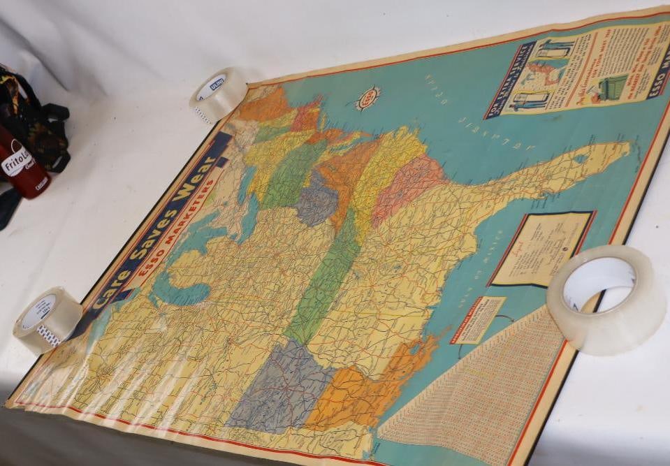 Esso Marketers Extra Service from Maine to Louisiana Gas Station Mileage Map Poster: 39.5" x 32"