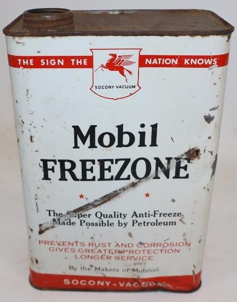 Socony Vacuum Mobil Freezone 1 Gallon Antifreeze Can: 6.5" x 4.25" x 9.75", missing lid