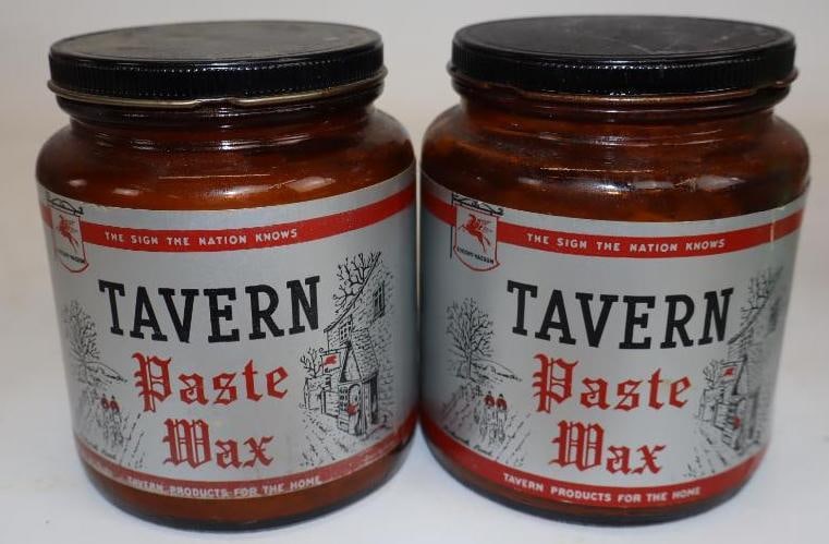 Group of 2 Socony Vacuum Tavern Paste Wax 1lb Glass Jars with Paper Label: 3.5" x 3.5" x 4.5" each