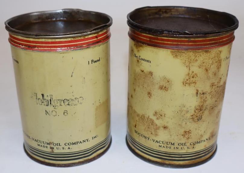Group of 2 1lb Mobil Grease #6 Cans: 3.25" x 3.25" x 4.5", one is empty
