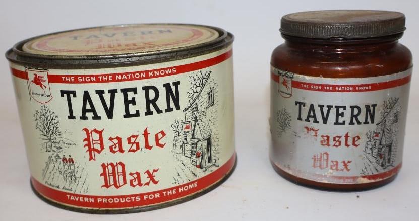 Group of 2 Socony Vacuum Tavern Paste Wax 1lb and 3lb Can and Jar: largest 6.5" x 6.5" x 4.25"