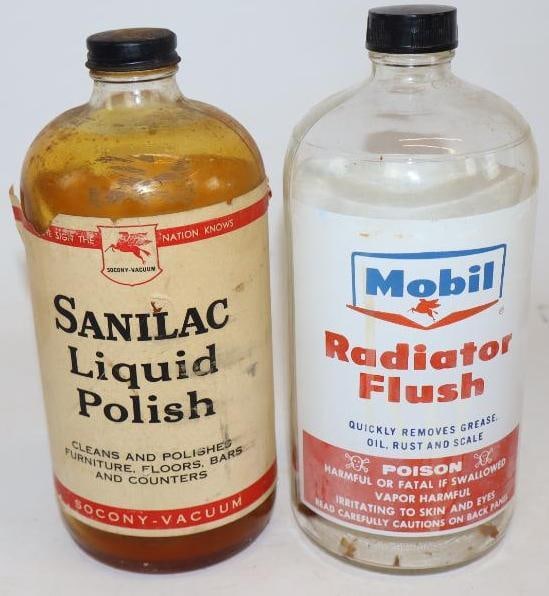 Group of 2 Socony Vacuum Sanilac Liquid Polish and Radiator Flush Quart Glass Bottles (1 of 2)