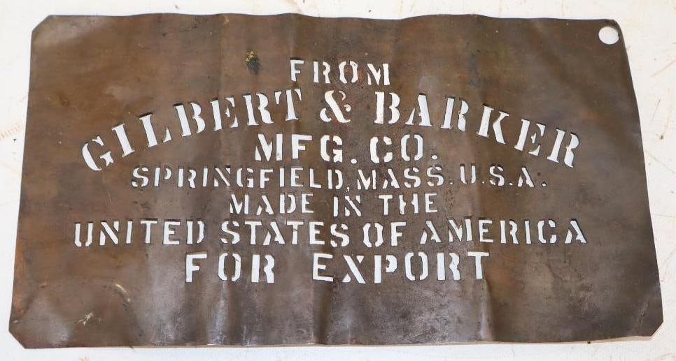 Gilbert & Barker Gas Pump Brass Shipping Crate Stencil (1 of 2)
