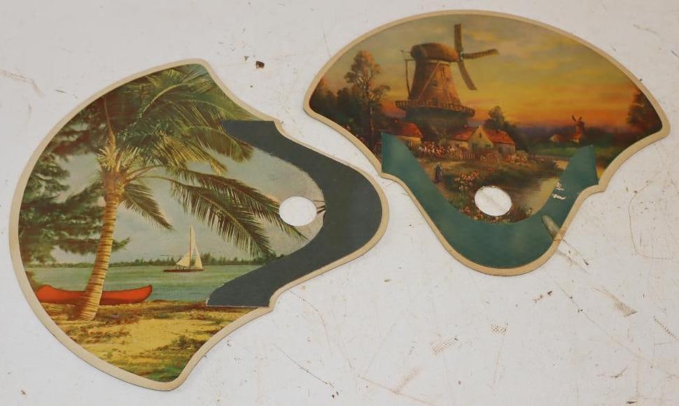 Group of 2 Esso Gas Station Advertising Hand Fans ( Windmill & Beach ): Largest is 10.5" x 10"