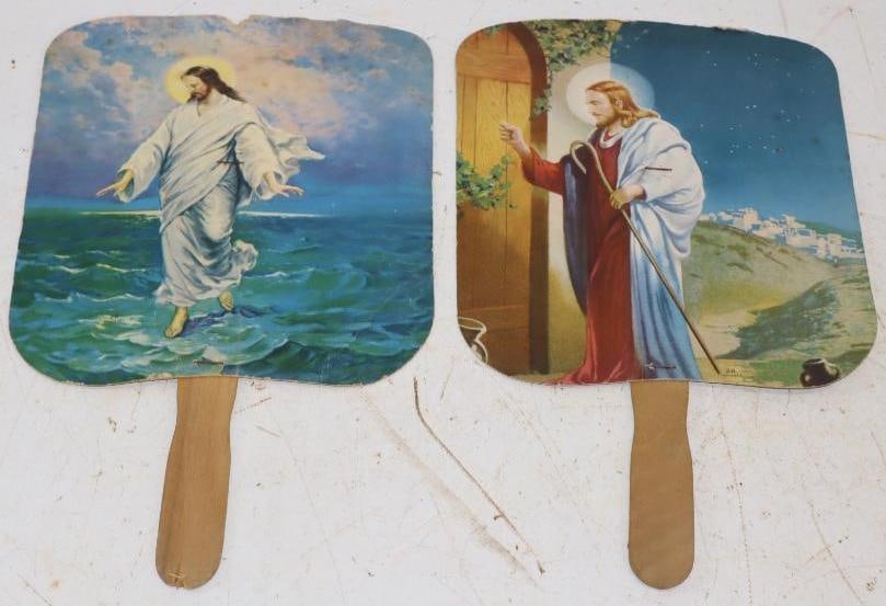 Group of 2 Religious Longest Bros Esso Gas Station Advertising Hand Fans: 7.5" x 12" each