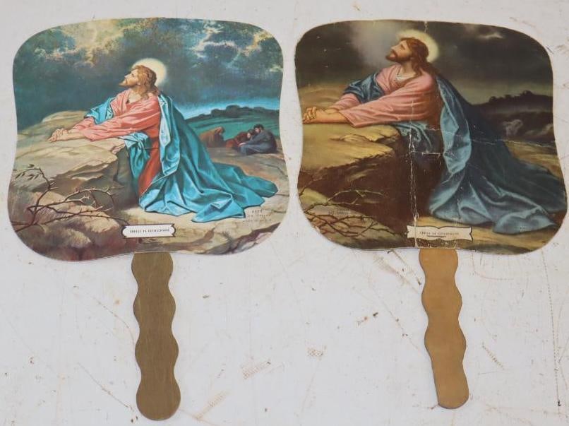 Group of 2 Religious Longest Bros & Seagroves Esso Gas Station Advertising Hand Fans: 7.5" x 12" each