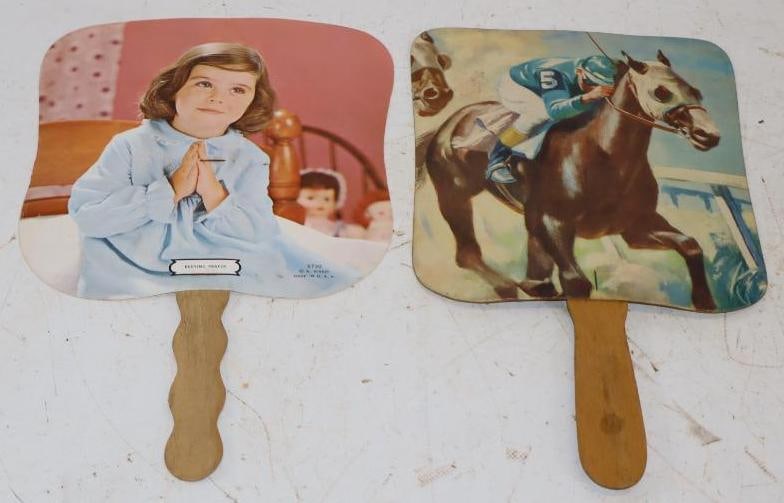 Group of 2 Esso Service Station Bedtime Prayer & Horse Racing Hand Fans: 7.5" x 12" each