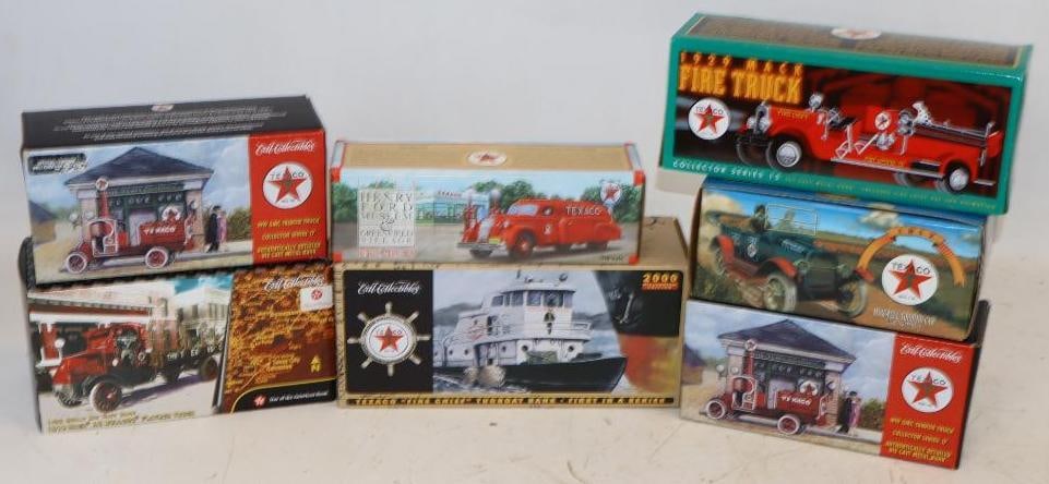 Group of 7 Texaco Gas Station Advertising Toy Trucks & Boat in Original Boxes: Largest is 10.5" x 4" x 5"