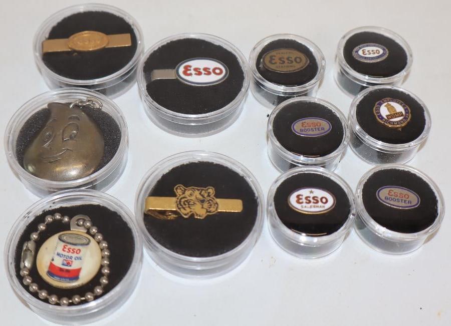 Group of 11 Esso Oil Service Pins, Tie Tacks and Key Chains: Largest is 1.25x1.5