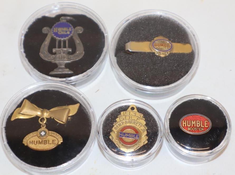 Group of 5 Humble Oil Cloisonne Pins and Tie Tacks: Largest is 1x1.25 One Is Marked 1933 Golf