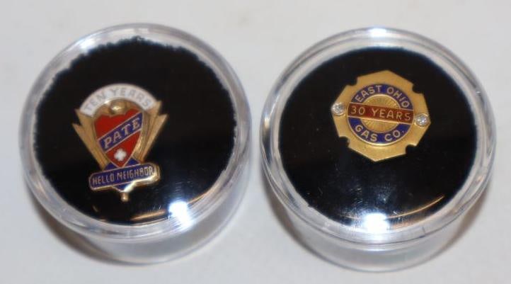Group of 2 Pate Oil and East Ohio Gas Employee Service Award Gold Pin Badges: Largest is .5x.75 East Ohio 14k Gold Pate 10k Gold
