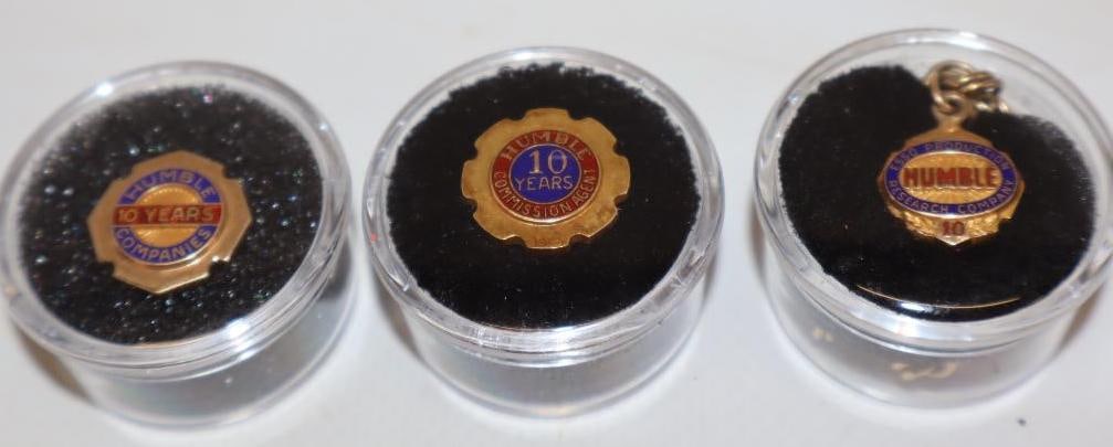 Group of 3 Humble Oil 10 Year Service Award Gold Pins and Pendent: Largest is .5x.5 Each is Marked 14k Gold