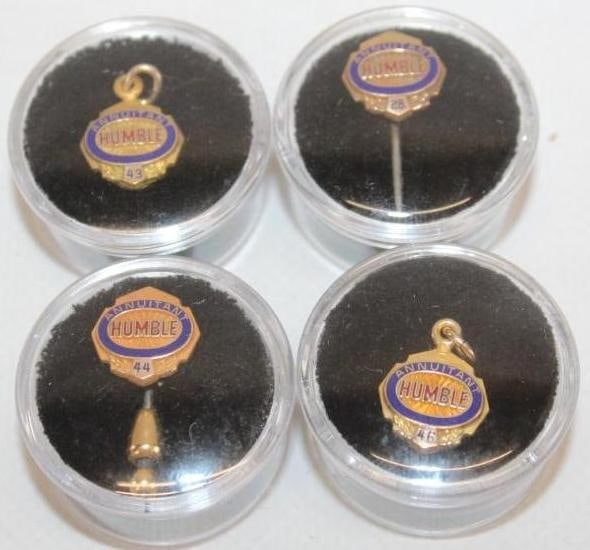 Group of 4 Humble Oil Employee Service Award Pins and Pendent: .5.5 Each are marked Haltons Gold Filled 28,43,44,46