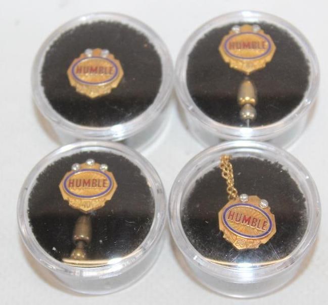 Group of 4 Humble Oil Employee Service Award Gold Pins: .5x.5 Each All Are Marked 10k Gold With Diamonds There are 3-30 Year and 1-40 Year