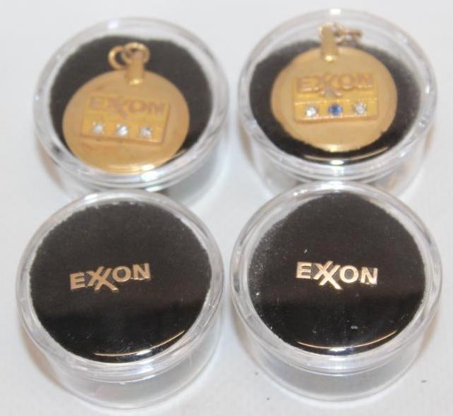 Group of 4 Exxon Service Employee Award Gold Pins and Pendants: Largest is .75x.75 Only Center Exxon Is 10k On Pendants Outer Plate Is Not Gold Has Diamonds and Saphire