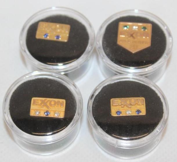 Group of 4 Exxon Safe Driver And Service Award Gold Pin: Largest is .5x.75 Each is Marked 10k Gold With Diamonds, Saphire and Emeralds