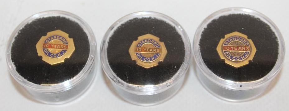 Group of 3 Standard Oil Company of NJ Employee 10 Years of Service Gold Pin Badges: .5x.5 Each Is Marked 14k Gold