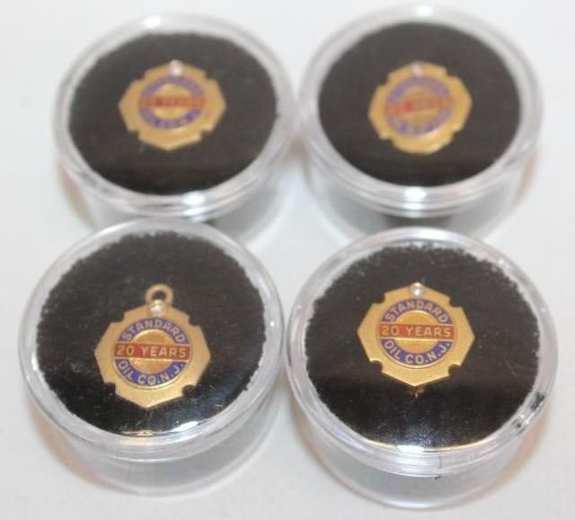 Group of 4 Standard Oil Company of NJ Employee Gold Pin Badges 20 Years of Service: .5x.5 Each is Marked 14k Gold With Diamonds