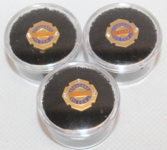 Group of 3 Standard Oil of NJ Employee 30 & 40 Years of Service Gold Pin Badges: .5x.5 Each is Marked 14k Gold With Diamonds 2-30Years 1-40 Years