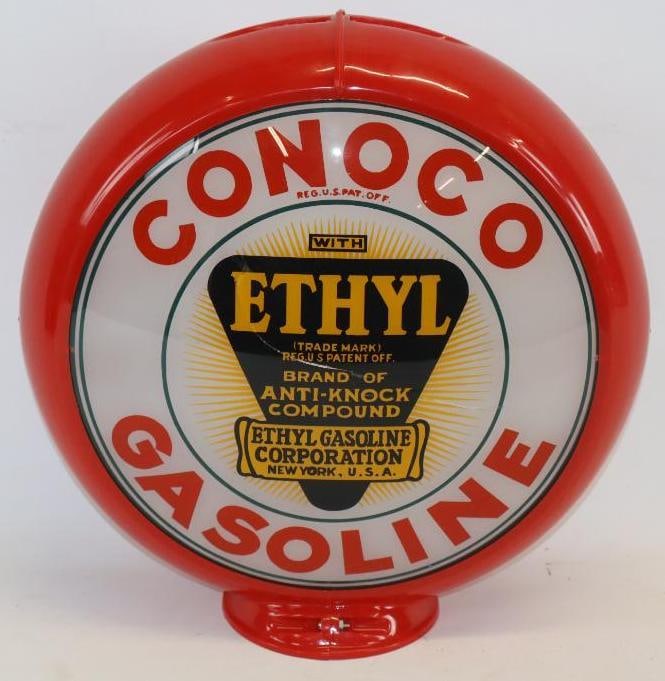 Conoco Gasoline with Ethyl Gas Pump Lense Mounted On Red Capco Body: lense is 14" and has a crack in the center