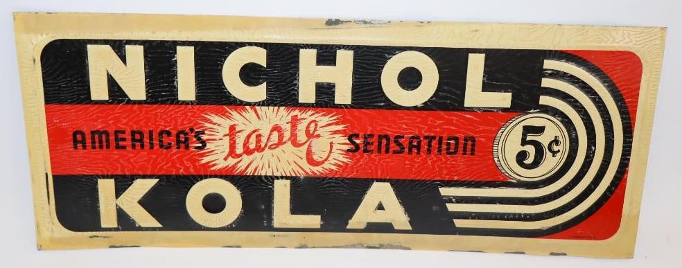 Nichol Kola 5 Cent Embossed SST Advertising Sign: 27.25" x 11", has paper marks