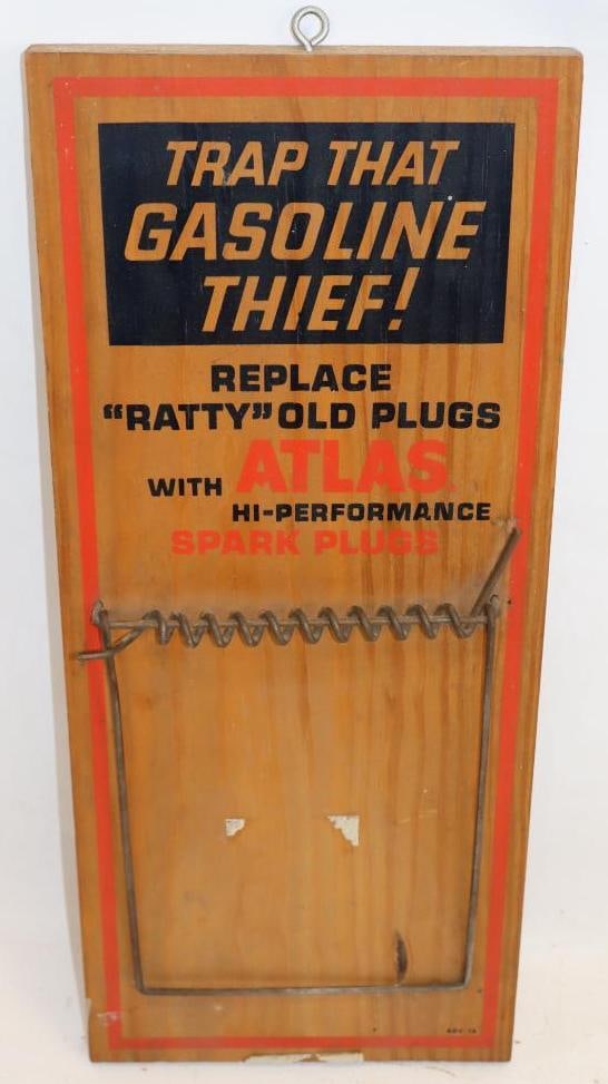 "Trap That Gasoline Thief" Replace Old Spark Plugs with Atlas Wooden Rat Trap Advertising Sign (1 of 2)