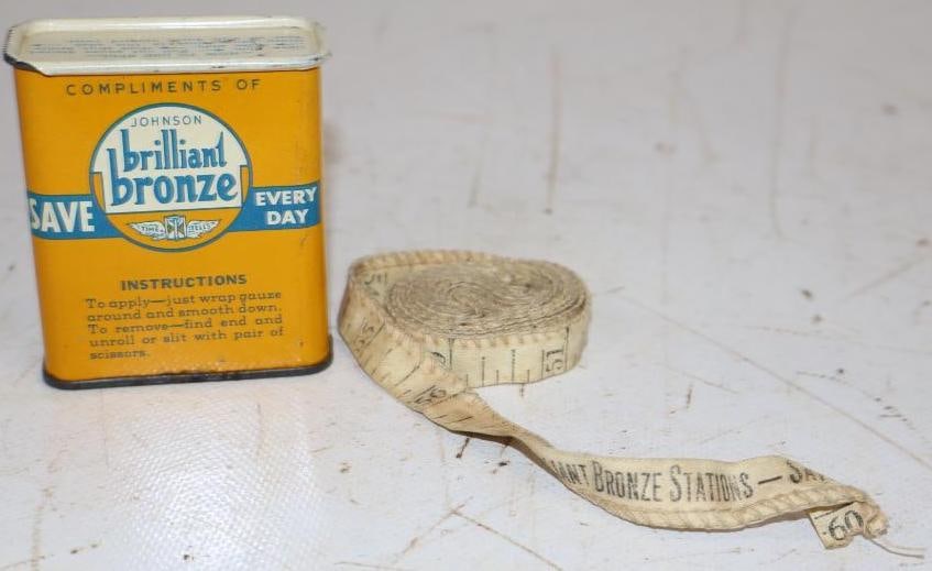Group of 2 Johnson Brilliant Bronze Advertising Self Adhesive Gauze & Measuring Tape: Largest is 2.25" x 2.5" x 1"