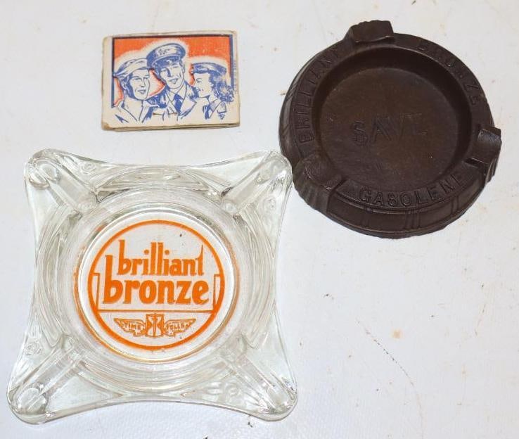 Group of 3 Johnson Brilliant Bronze Advertising Ashtrays & Needlebook: Largest is 4" x 4" x 1"