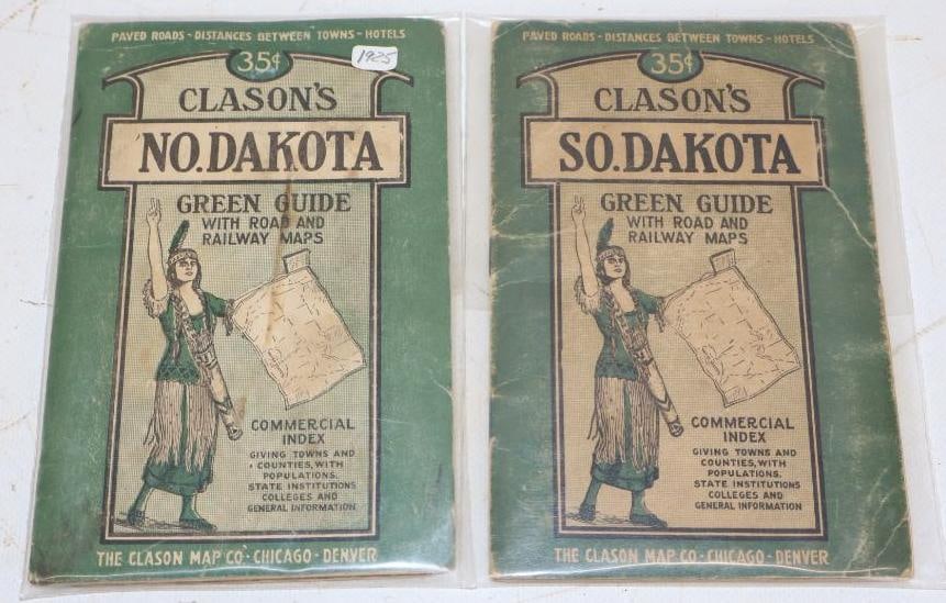 Group of 2 - 1925 Clason's North & South Dakota Road Maps: 4" x 6.5" each