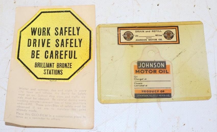 Group of 3 Johnson & Brilliant Bronze Oil Change Reminder Tags & Drive Safely Reflective Glo-Film: Largest is 2.75" x 2.75"