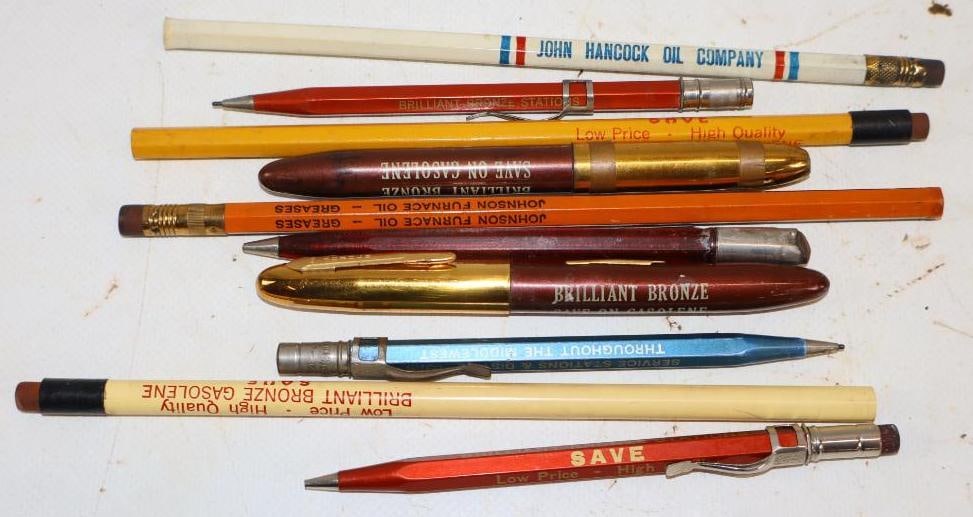 Group of 10 Johnson Brilliant Bronze & Litening Gasoline Advertising Pens & Pencils: Longest is 7.5"