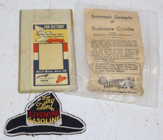 Group of 3 Litening Gasoline Shirt Patch, Water Decal, & Mount Rushmore Granite Souvenir Sample (1 of 4)