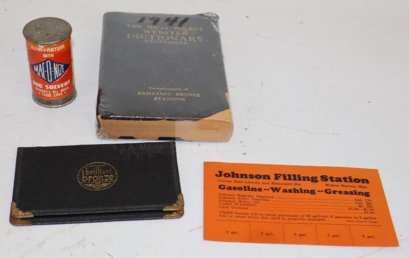 Group of 4 Brilliant Bronze Advertising Business Card Holder, Price List, 1941 Dictionary, & Bug: Largest is 5.5" x 4" x 1"