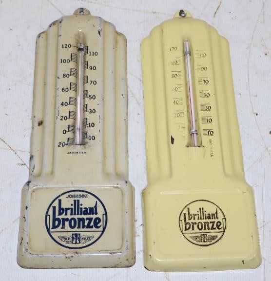 Group of 2 Johnson Brilliant Bronze Advertising Thermometers: 2.25" x 6.25" each
