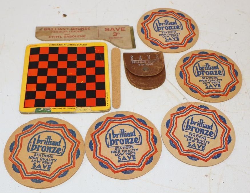 Group of 9 Johnson Brilliant Bronze Coasters, Coin Purse, Checkerboard, Nail File, & Scraper: Largest is 5" x 5"