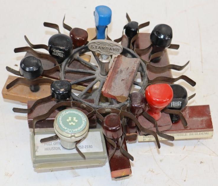 Group of 13 Esso Related Ink Stamps with Drying Rack: Rack Measures 10" x 10" x 6"