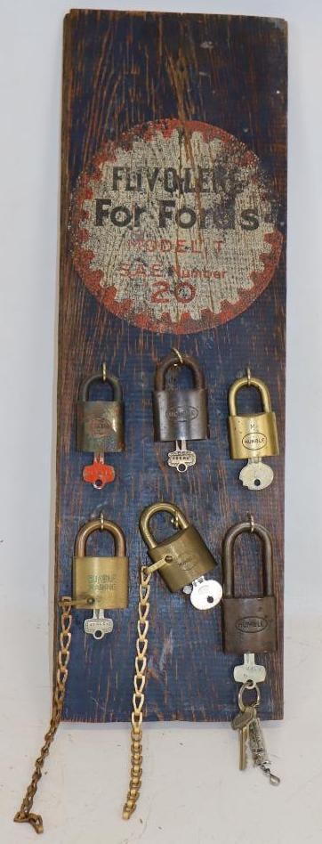 Humble Oil Fliv-O-Lene For Ford's Model T Painted Wood Advertisement with 6 Humble Brass Locks & (1 of 5)