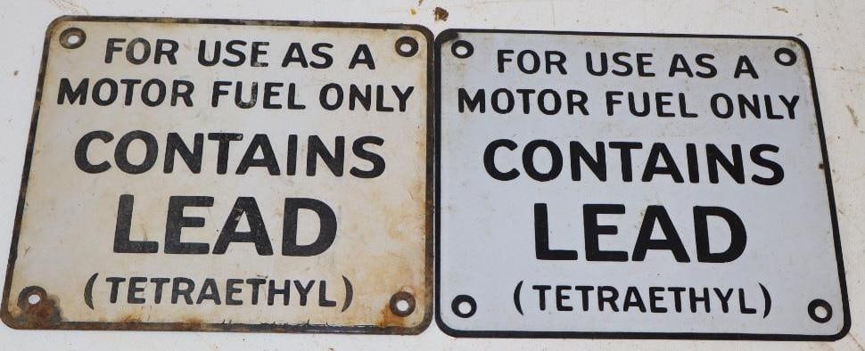 Group of 2 Porcelain Contains Lead Gas Pump Warning Signs (1 of 2)