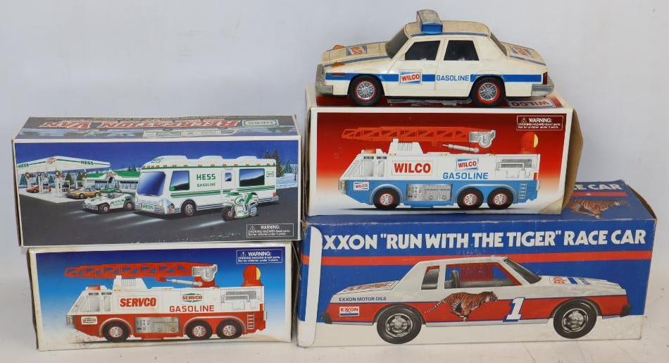 Group of 5 Exxon, Hess, Wilco, & Servco Gas Station Toy Trucks: Largest is 4.75" x 6.75" x 16.5" - 1 car does not have original box