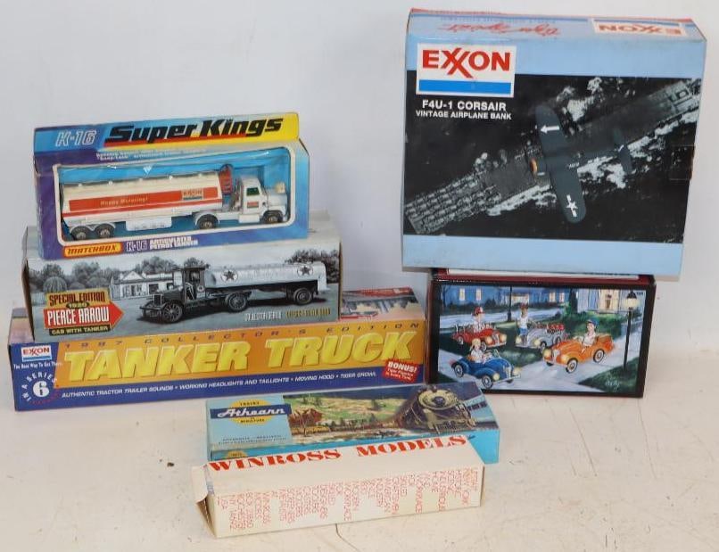 Group of 7 Exxon, Texaco, & Winross Gas Station Toys in Original Boxes: Largest is 3" x 3.5" x 16.75"