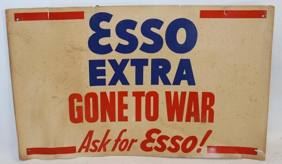 WW2 Single Sided Cardboard Gone to War Ask for Esso Advertising Sign: 25.5" x 16"