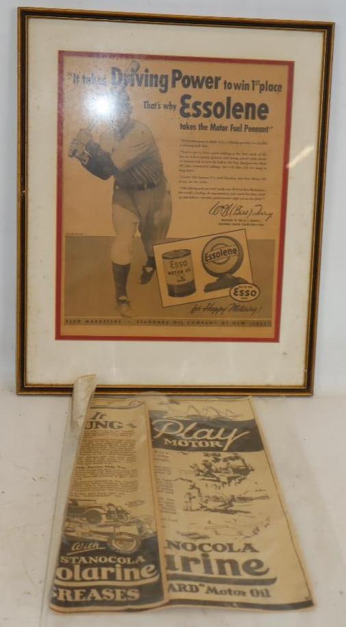 Group of 2 Stanocola Polarine Greases, Bill Terry Newspaper Framed Ad, &  Motor Oil Newspaper (1 of 4)