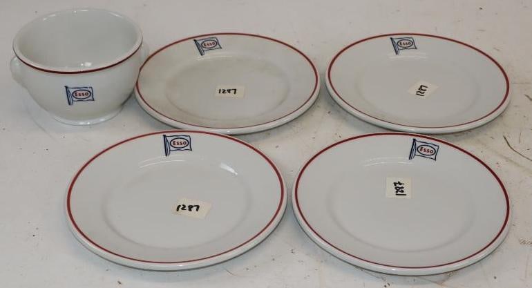 Group of 5 Esso Advertising Duraline China Plates & Sugar Bowl: Largest is 6.5" x 6.5"
