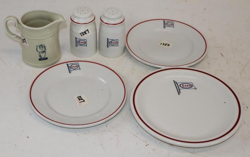 Group of 6 Esso Advertising Duraline Wilhelmsburg China Plates, Salt & Pepper Shakers, & Creamer Cup: Largest is 7.25" x 7.25"
