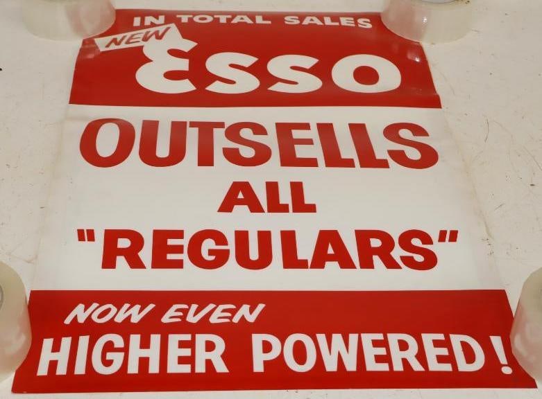 New Esso Outsells All Regulars Plastic Gas Pump Advertising Sign: 16.5" x 25.5"
