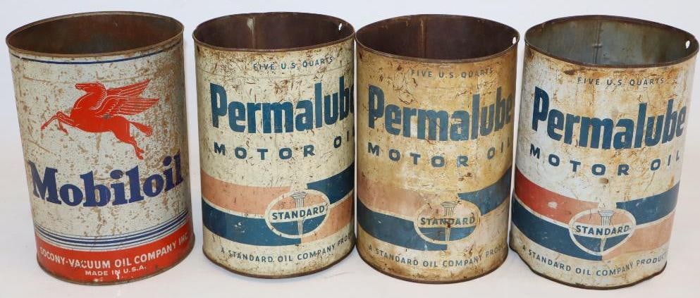 Group of 4 Standard Permalube and Mobiloil 5 Quart Oil Cans (1 of 4)