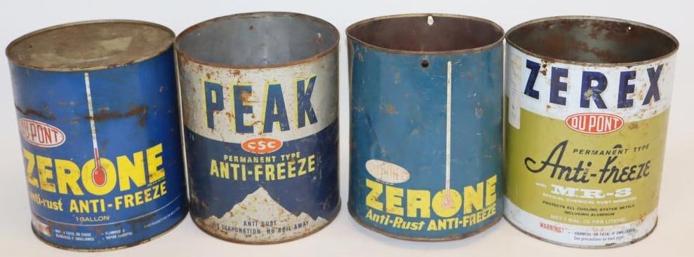 Group of 4 Zerex and Peak 1 Gallon Antifreeze Metal Oil Cans: 6.5" x 6.5" x 7.75" each, 3 do not have lids