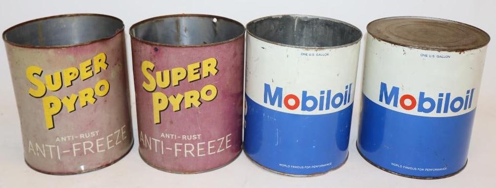 Group of 4 Mobiloil and Super Pyroil Antifreeze and Oil 1 Gallon Cans: 6.5" x 6.5" x 7.75" each, 3 do not have lids