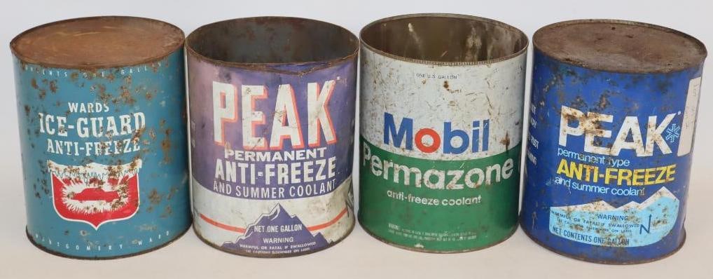 Group of 4 Peak, Mobil, and Wards 1 Gallon Antifreeze Cans: 6.5" x 6.5" x 7.75" each, 2 do not have lids