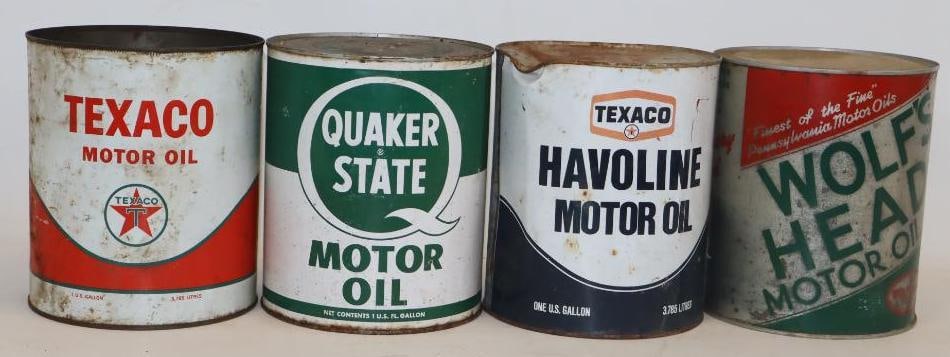 Group of 4 Wolf's Head, Texaco, and Quaker State 1 Gallon Metal Oil Cans (1 of 4)